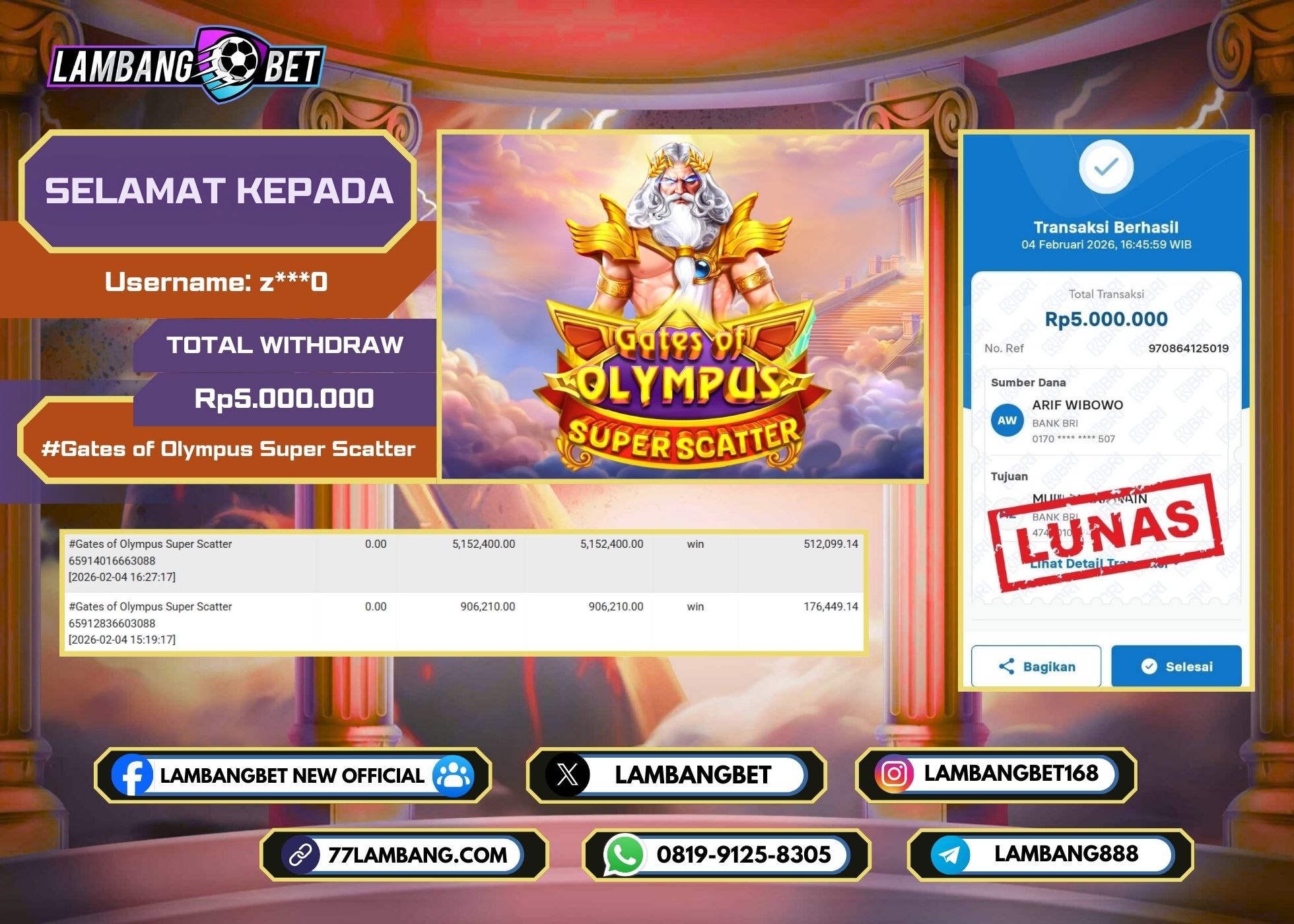 LAMBANGBET [4 FEBRUARI 2025] JACKPOT SLOT Gates of Olympus Super Scatter "Rp5.000.000" LUNAS